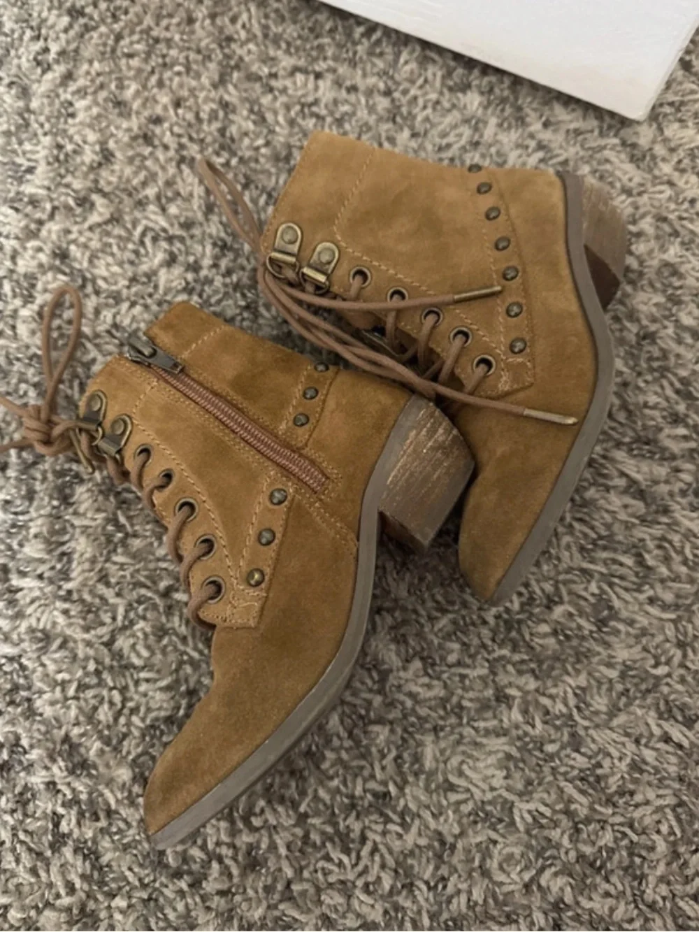 Joyfolie Tan Suede Lace-Up Studded Ankle Boots